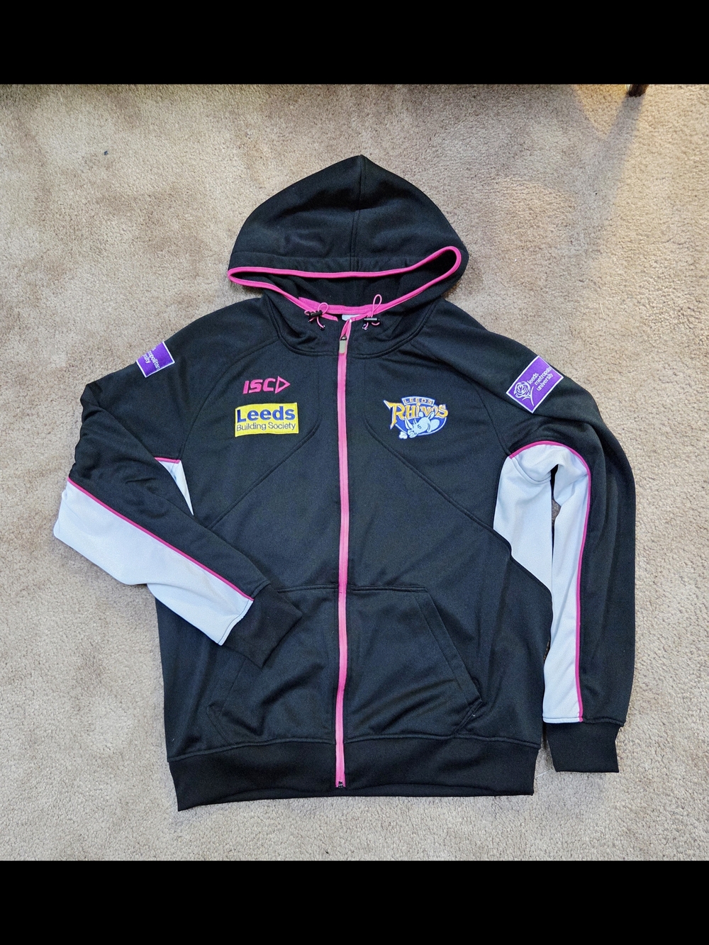 Leeds Rhinos Kids Black & Pink Zip-Up Hoodie